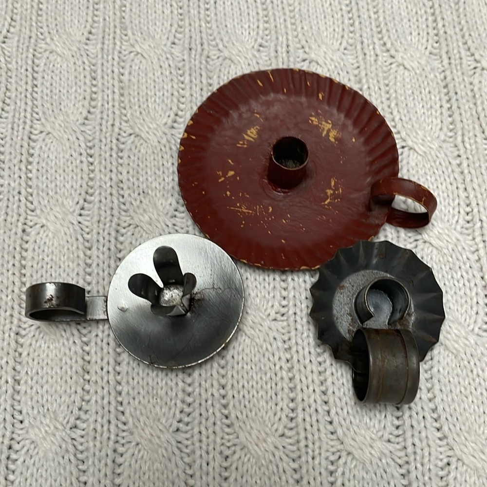 3 Vtg Primitive Metal Candlestick Holders Candle Rustic, colonial fluted handles